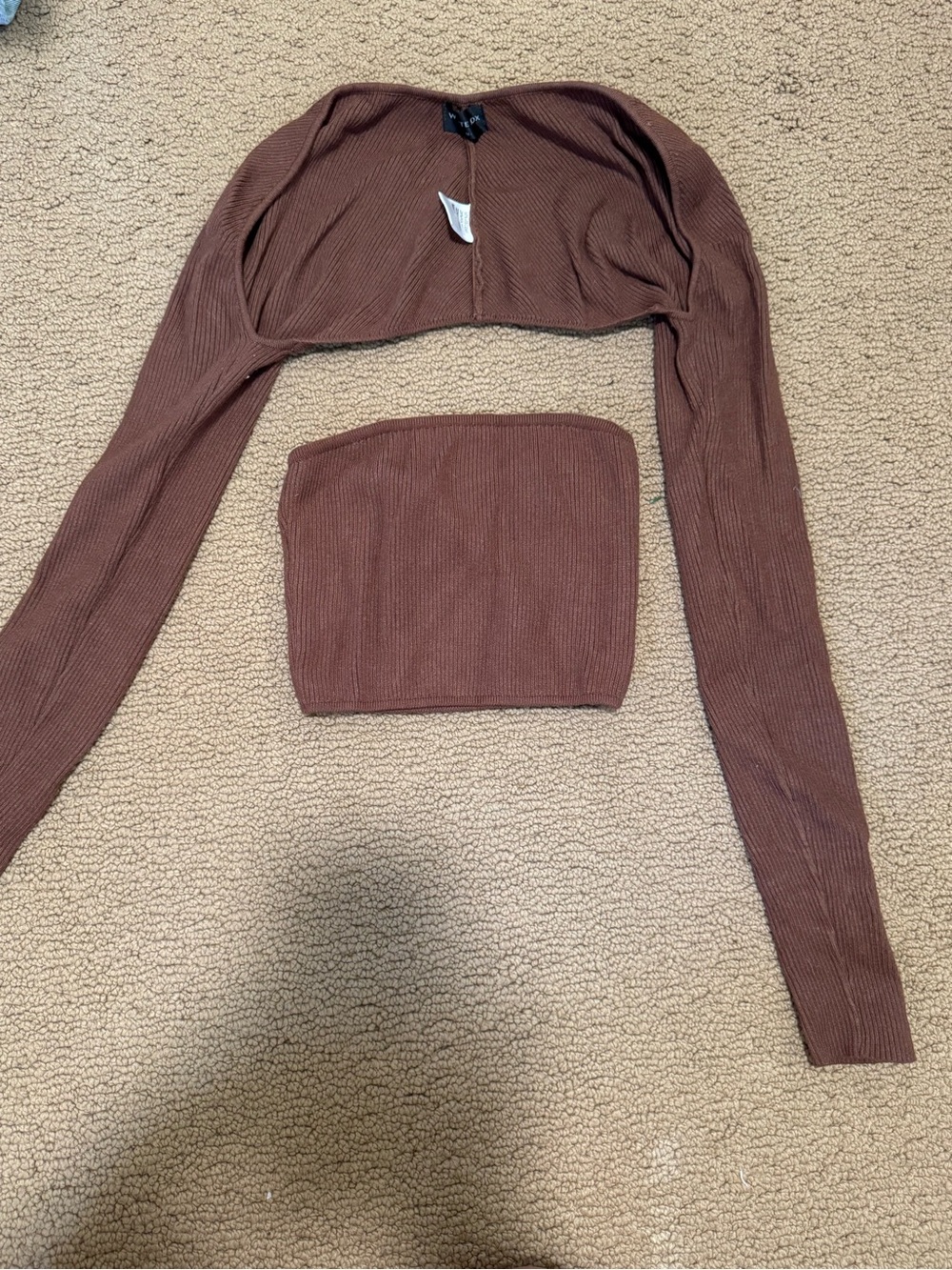 White Fox Boutique Brown Ribbed Two-Piece Knit Top Set
